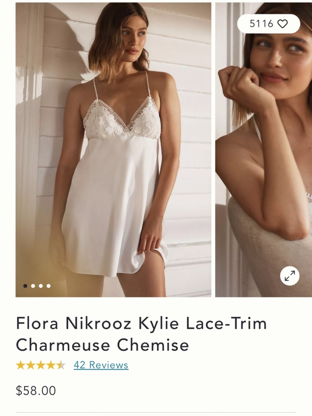 Anthropologie Flora Nikrooz White Lace-Trim Satin Chemise Bridal Get Ready Dress